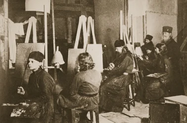 Ikonimaalaus Valamon luostarissa Laatokan rannalla, n.1885 (seepiakuva)